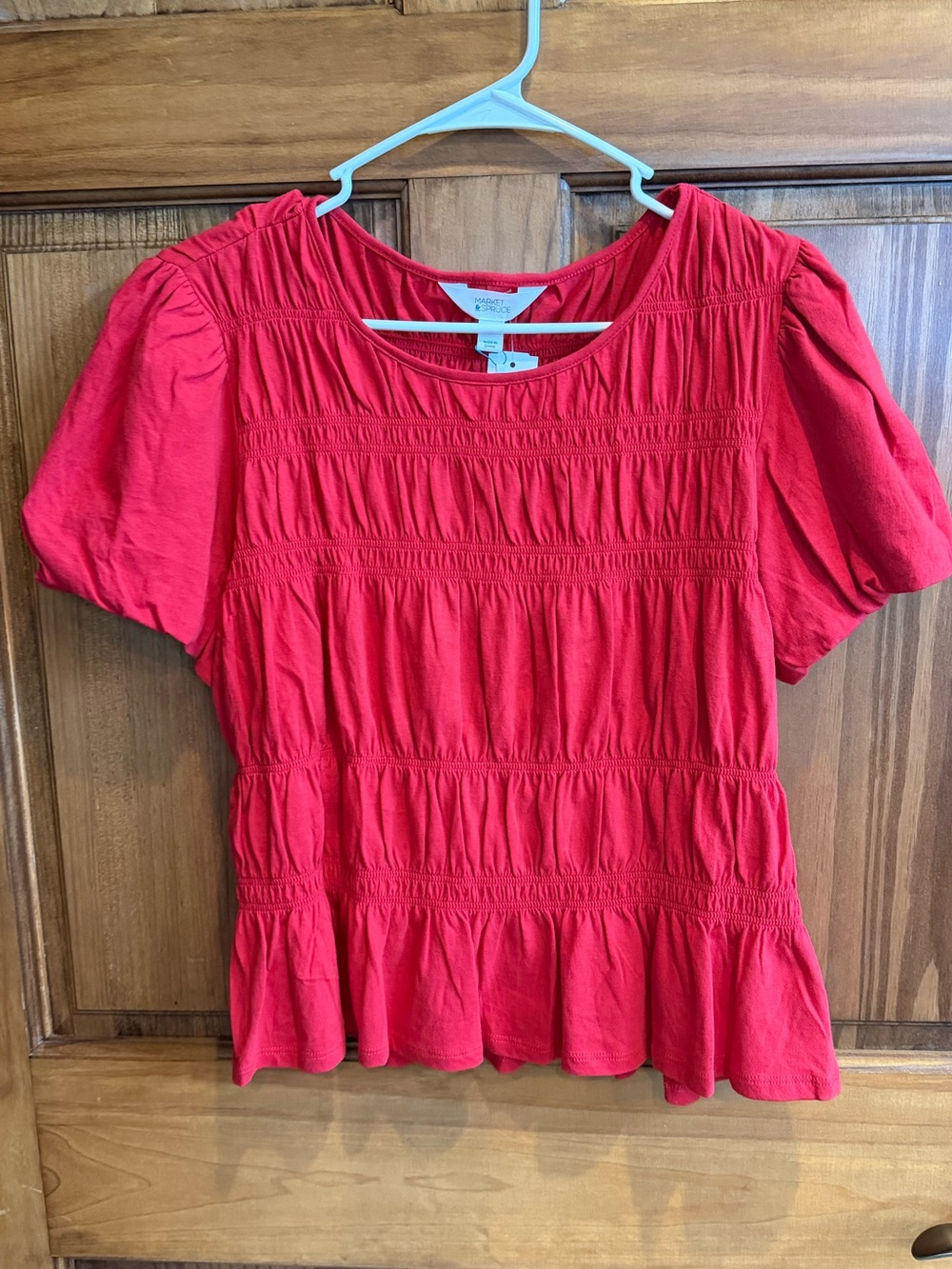 Market & Spruce Red Short Sleeve Peplum Blouse